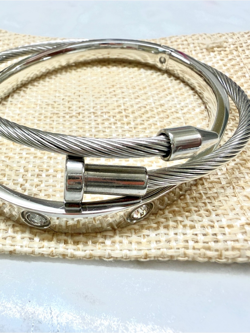 Stainless Silver-Tone Cable and Crystal Bangle Set - Silver